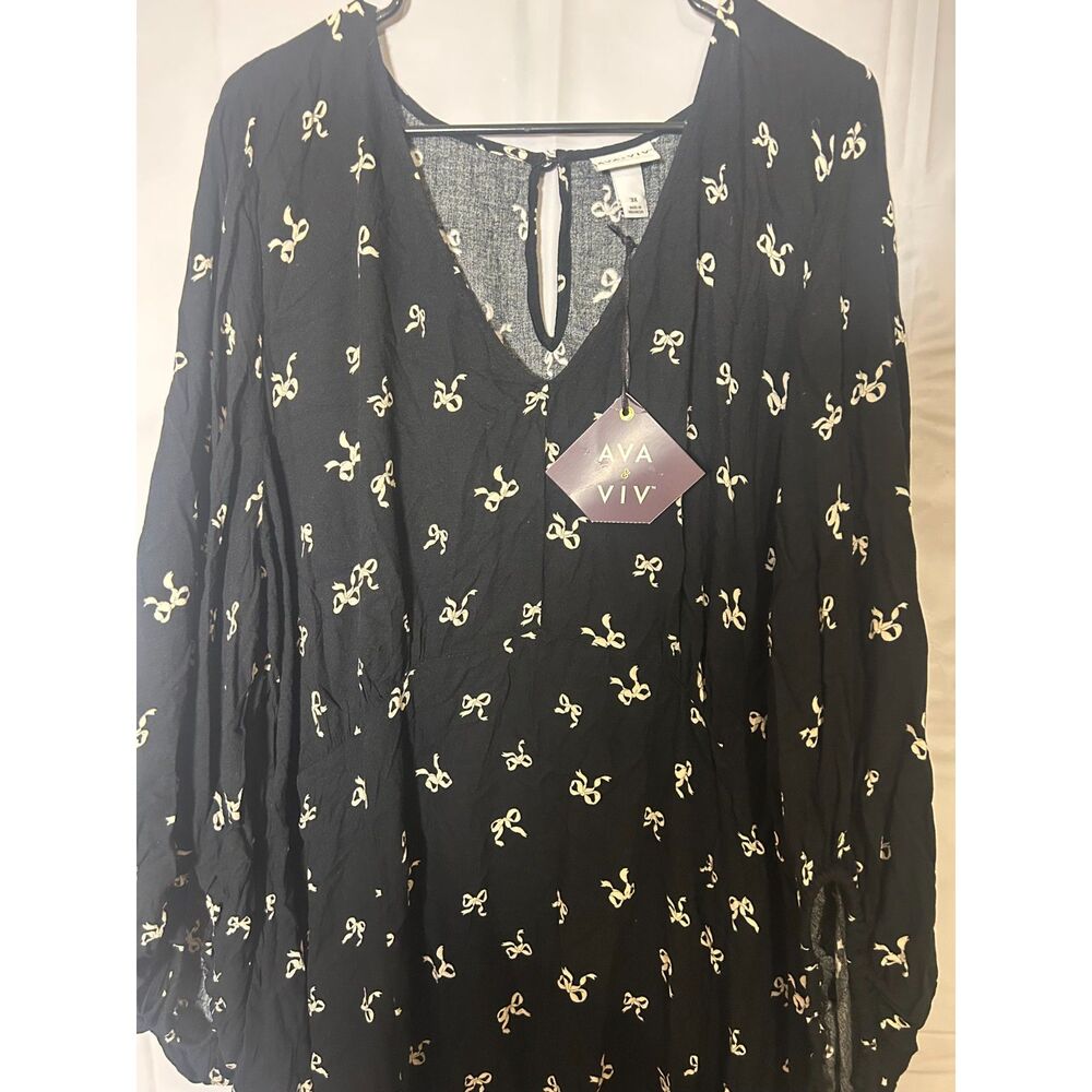 Ava & Viv NWT 3X Black White Bow Print V-Neck Long Sleeve Midi Dress Cottagecore